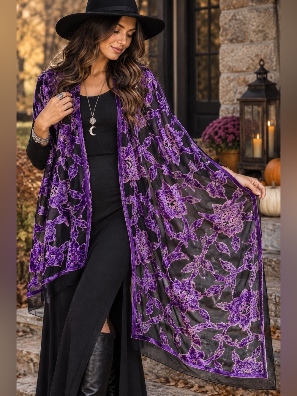 Purple Black Velvet Devore Floral Shawl Wrap Whimsigoth Gothic